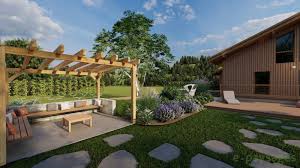 Aménagement extérieur avec pergola en bois, coin salon avec banc intégré et jardin paysager verdoyant. Maison moderne en arrière-plan.