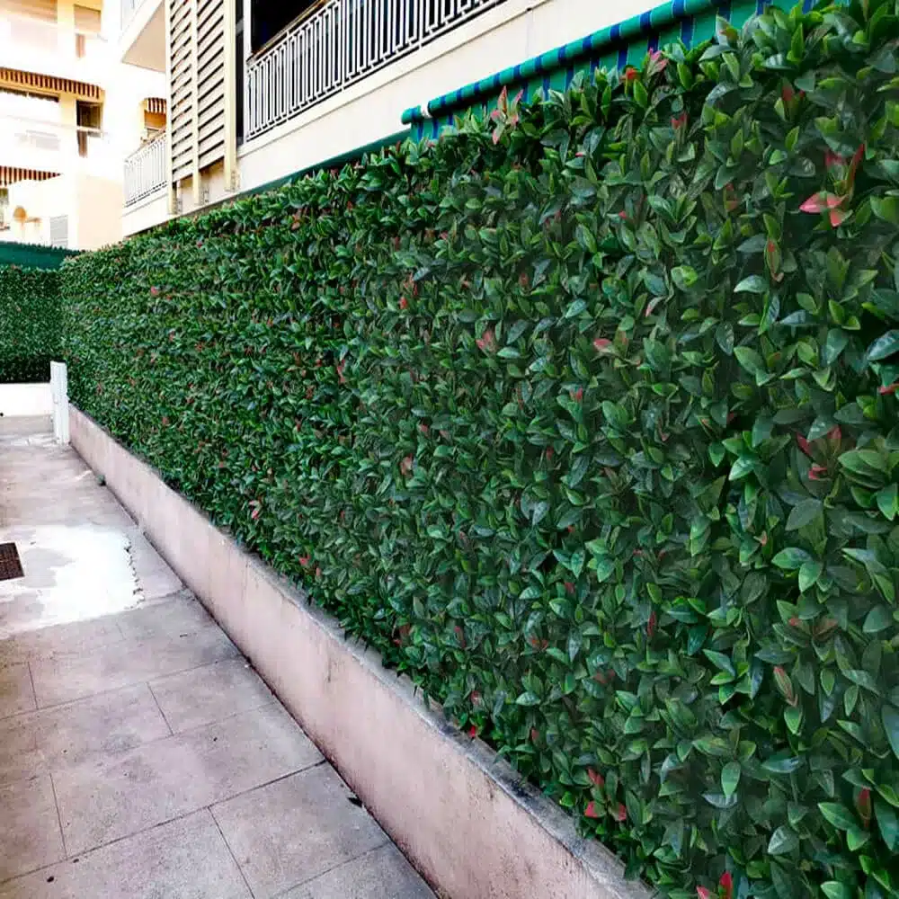 Haie artificielle dense, feuilles vertes et rouges, longeant un mur beige. Végétation décorative extérieure. Clôture occultante.