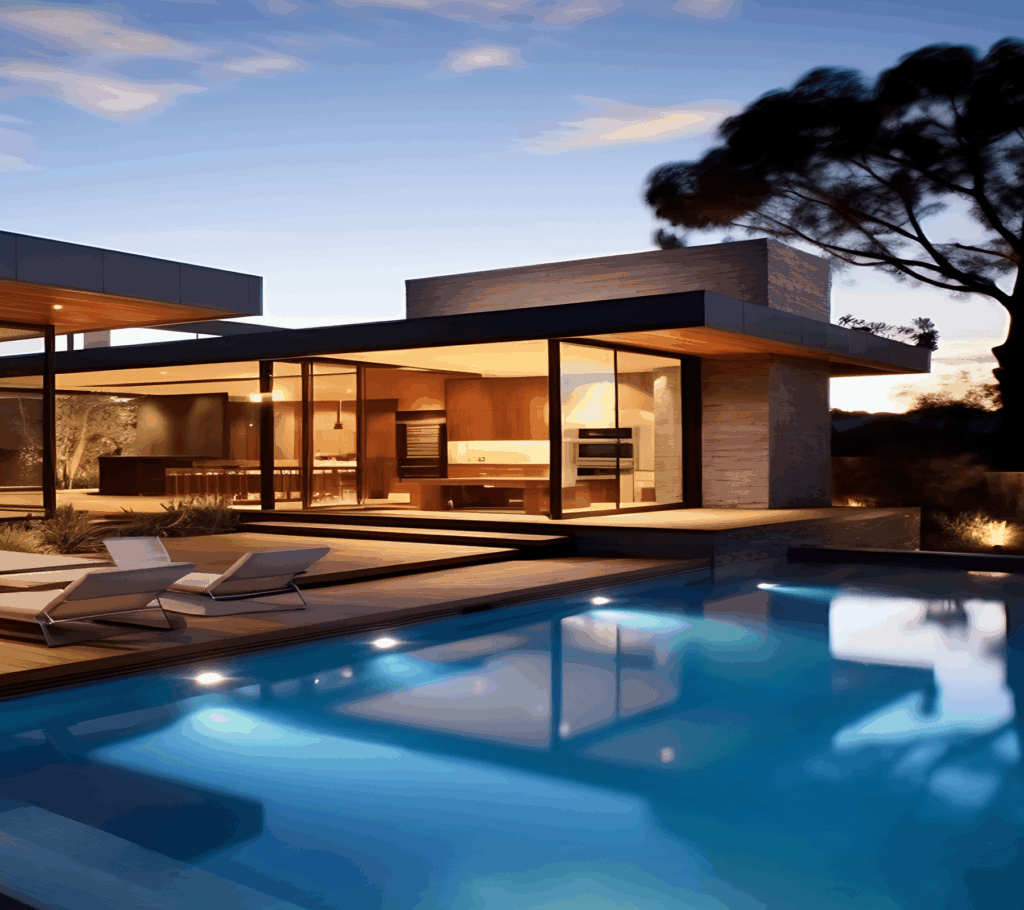 Maison moderne luxueuse au design contemporain avec grandes baies vitrées, terrasse en bois et piscine éclairée au crépuscule.