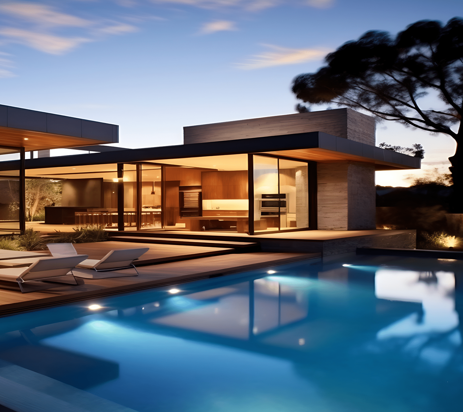 Maison moderne luxueuse au design contemporain avec grandes baies vitrées, terrasse en bois et piscine éclairée au crépuscule.