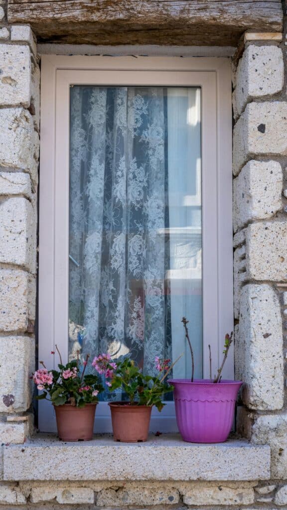 Rustic stone window with floral lace curtains and vibrant potted flowers.