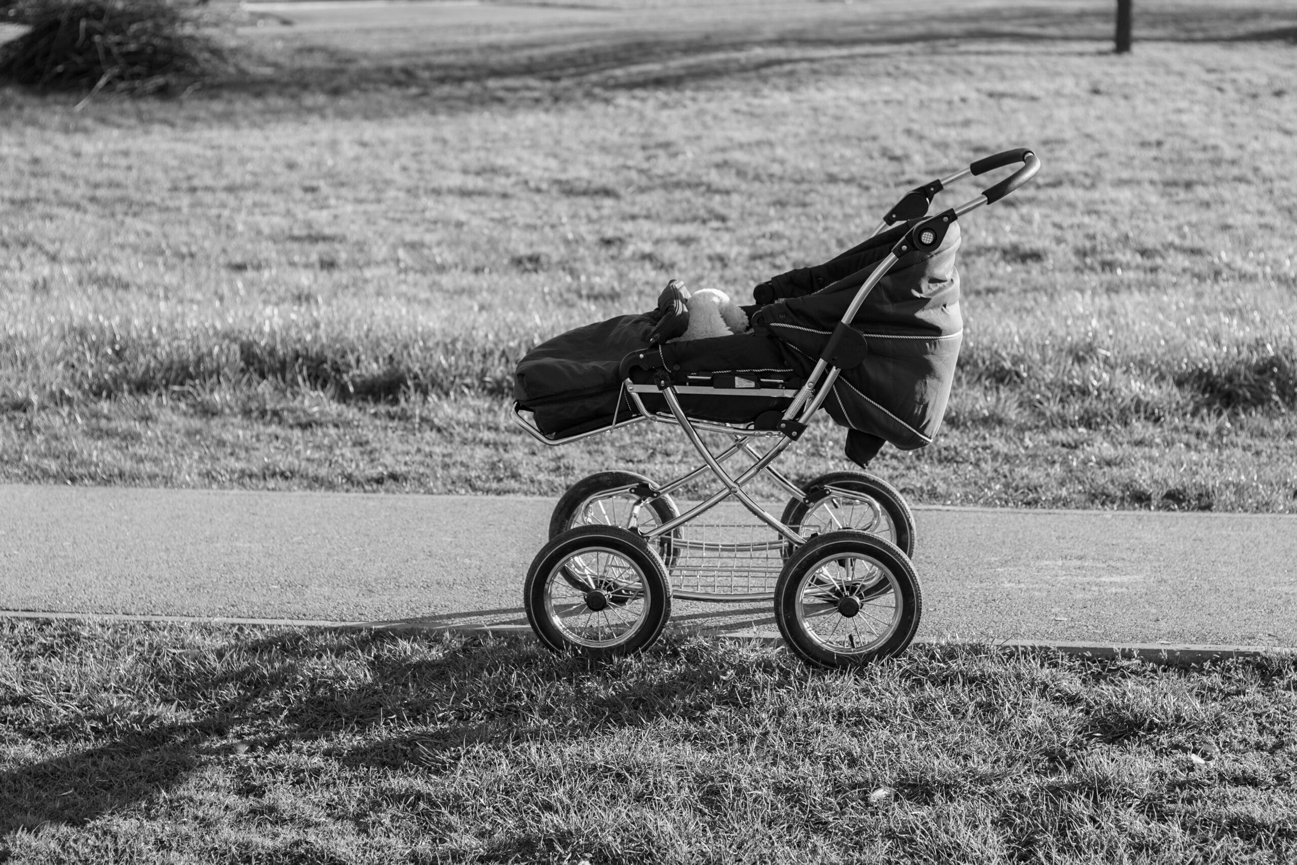 Landau de Bébé Classique dans un Parc : Photo Noir et Blanc Black and white photo of a stroller on a rural path in Croatia's Bjelovarsko-bilogorska region.